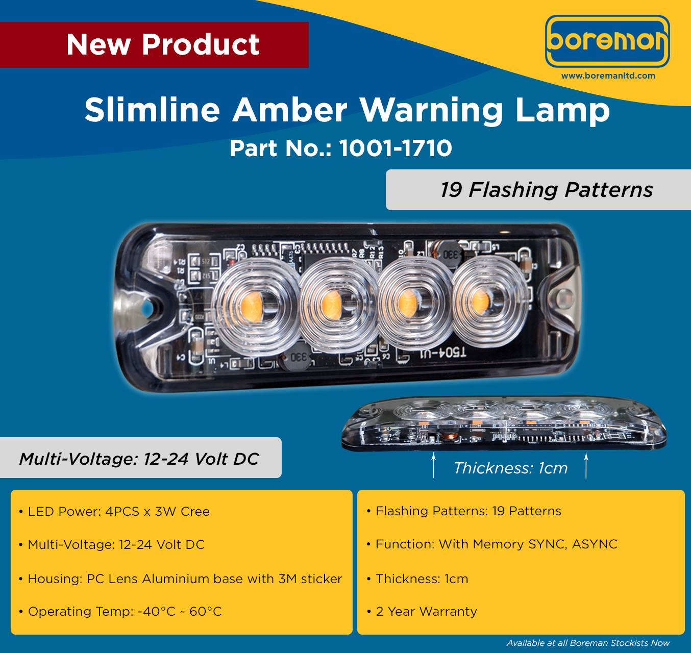 Boreman LED Slimline Amber Warning Strobe